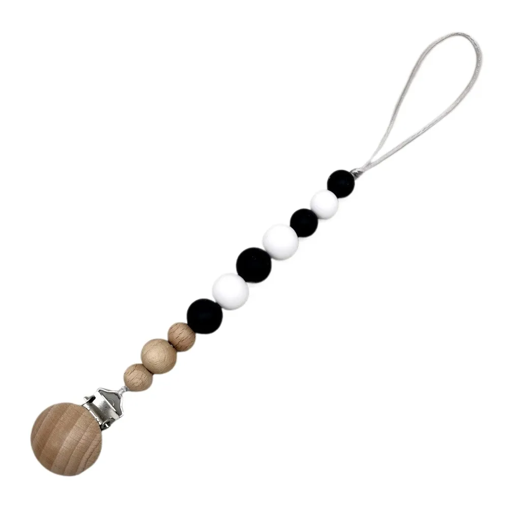 Wooden Bead Pacifier Clip with Silicone - Baby Anti-Lost Soother Holder, Safe & Stylish
