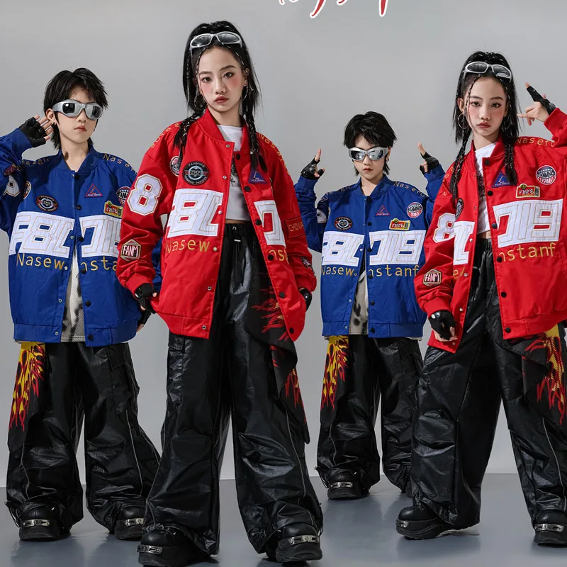 Boys Hip Hop Outfits Blue Motorcycle Jacket Cargo Pants Girls Street Dance Biker Coat Kids Jazz Clothes Sets Child Streetwear