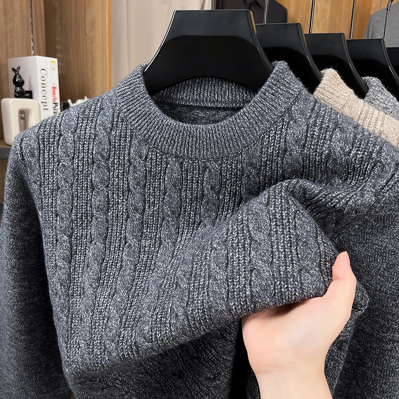 High end thickened warm men's sweater knitted fashion unique jacquard new winter comfort casual versatile round neck pullover
