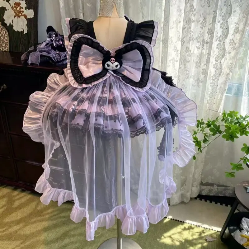 Girls Lolita Dress Black Purple Gothic Multi-Layer Ruffle Lace Bow Tutu Skirt Kids Birthday Cosplay Halloween Party Costume