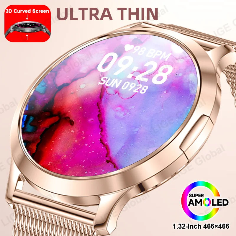 

LIGE 2026 New Fashion Women Smartwatch Ultra Thin 1.32" AMOLED Bluetooth Call Smart Watch Sports Fitness Tracker Ladies Bracelet