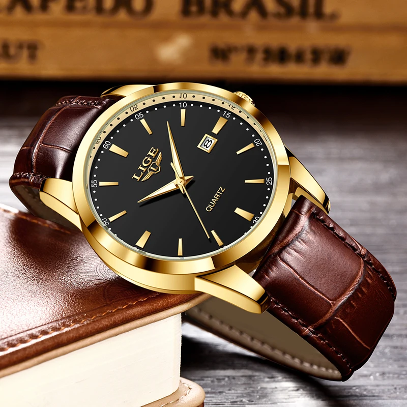 LIGE Classic Men's Watch Quartz Leather Strap Waterproof Man Wristwatches Business Casual Watches for Men Relogios Masculino+BOX