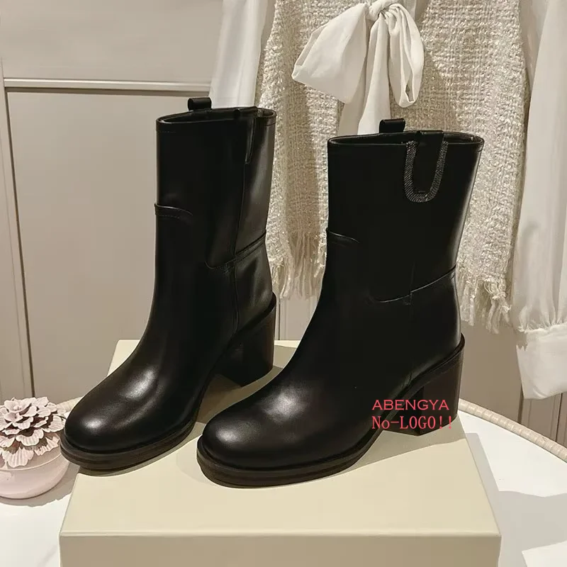 2026 Winter New Leather Middle Boots Women Round Toe Suede High Heel Short Boots Designer Casual Party Chelsea Boots For Women