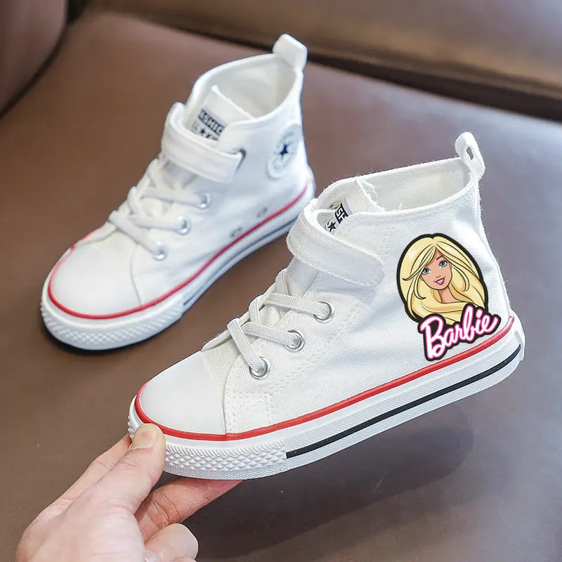 New Girls Barbie Shoes Teen Canvas Tennis Shoes Cartoon Barbie Girls White Canvas Shoes Children Casual Sneakers Size 25-36