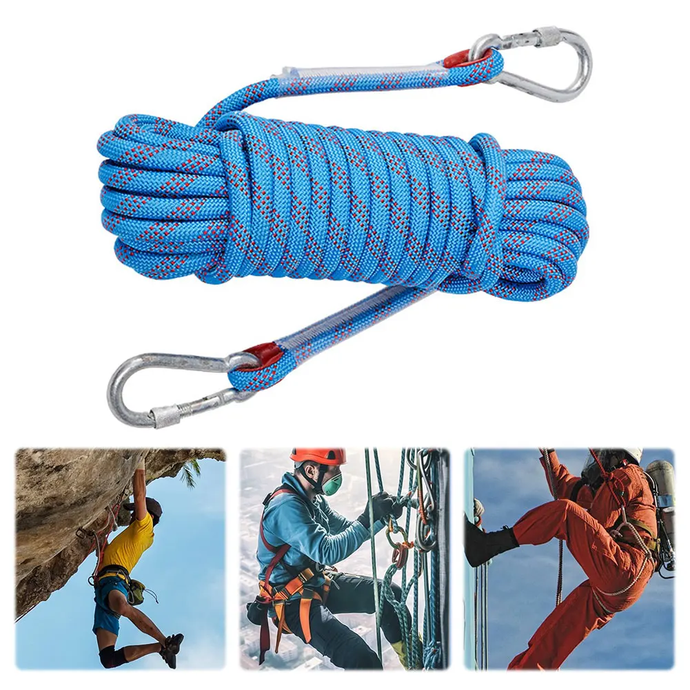 10mm Rock Climbing Rope with 2 Hooks Outdoor Static Rapelling Rope 10m Climbing Emergency Rope for Outdoor Sports