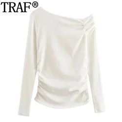 TRAF Off Shoulder White Woman Blouse Ruched Asymmetric Crop Top Women Autumn Fashion Long Sleeve T-Shirts Basic Women's Blouse