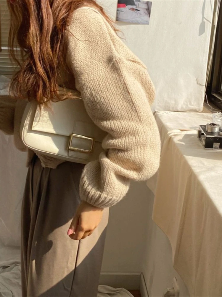 Solid Cropped Cardigans Women All-match Autumn Simple Fashion Sweet Vintage Young Girls Tender Temperament Loose Ins Korean Chic