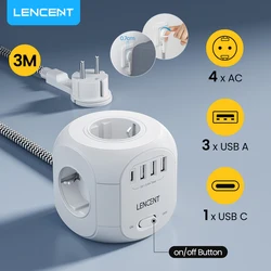 LENCENT Upgraded Power Strip Cube with  4 AC Outlets 3 USB Port 1 Type C 3M Braided Cable Multi Socket with Switch for Home