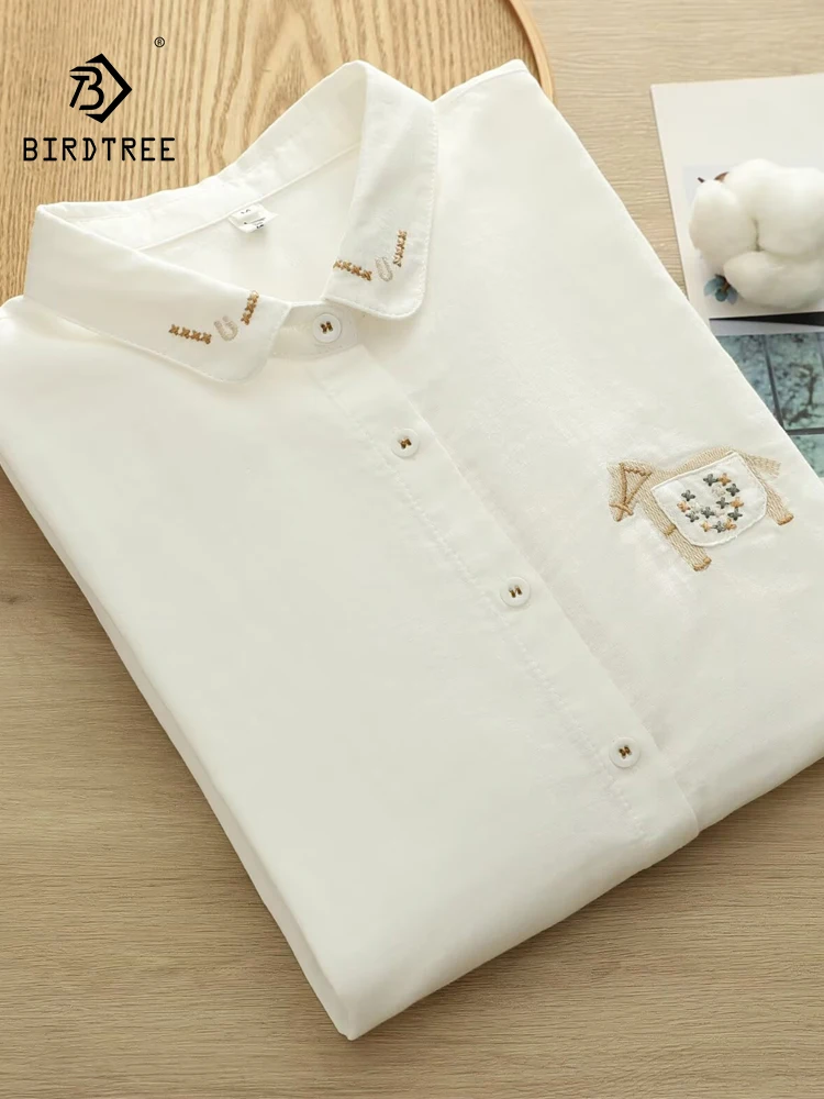 

New 2026 Spring Women Cotton Yarn Long Sleeve Shirt, Lapel Pony Embroidery, Mori Girl Age Reduction Chic Loose Blouse T63757CC