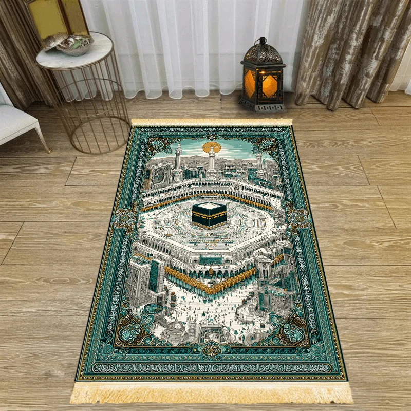 VIKAMA Muslim Prayer Mat Mecca Kaaba Print Tassel Sejadah Foldable Portable Worship Rug Ramadan Eid Home Prayer Carpet
