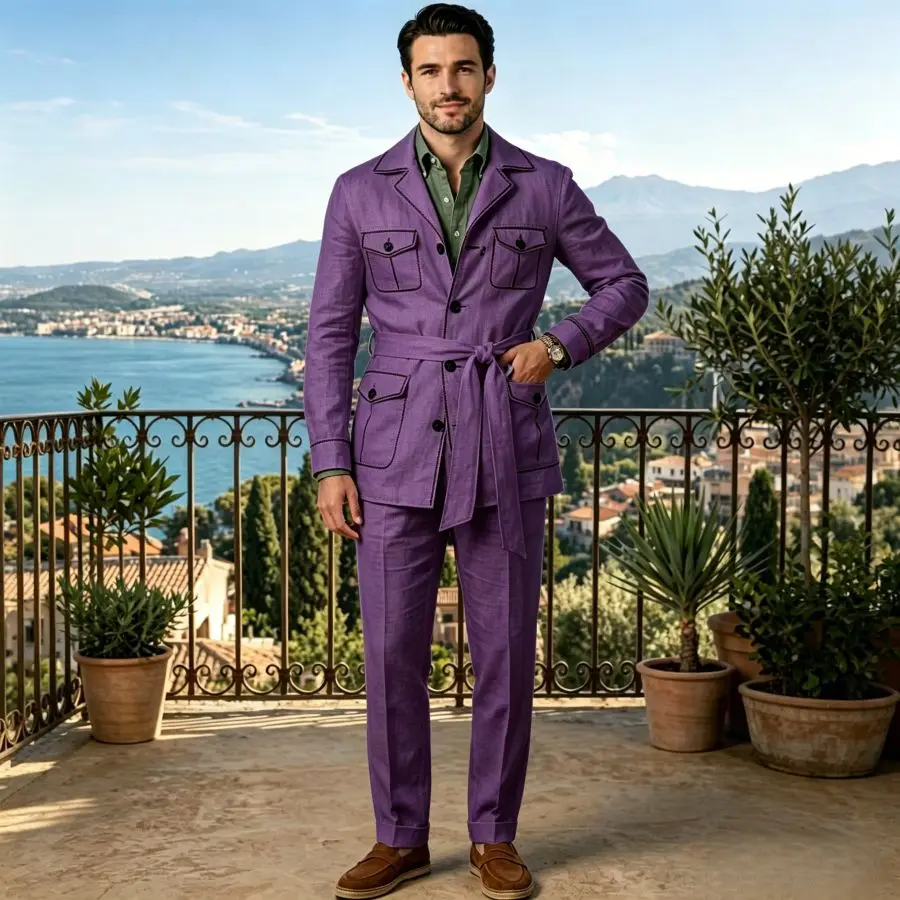 White Linen Safari Suits Beach Summer Men Suits for Party 2 Pieces Slim Fit Blazer with Pants Set Wedding Groom Casual Prom