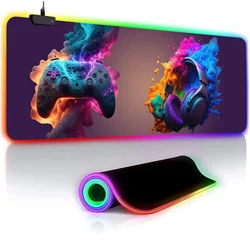 Gaming Earphone Pattern RGB Light Gaming Mouse Pad - Light Modes Button Control Extended Soft Computer Keyboard Mat Non-Slip