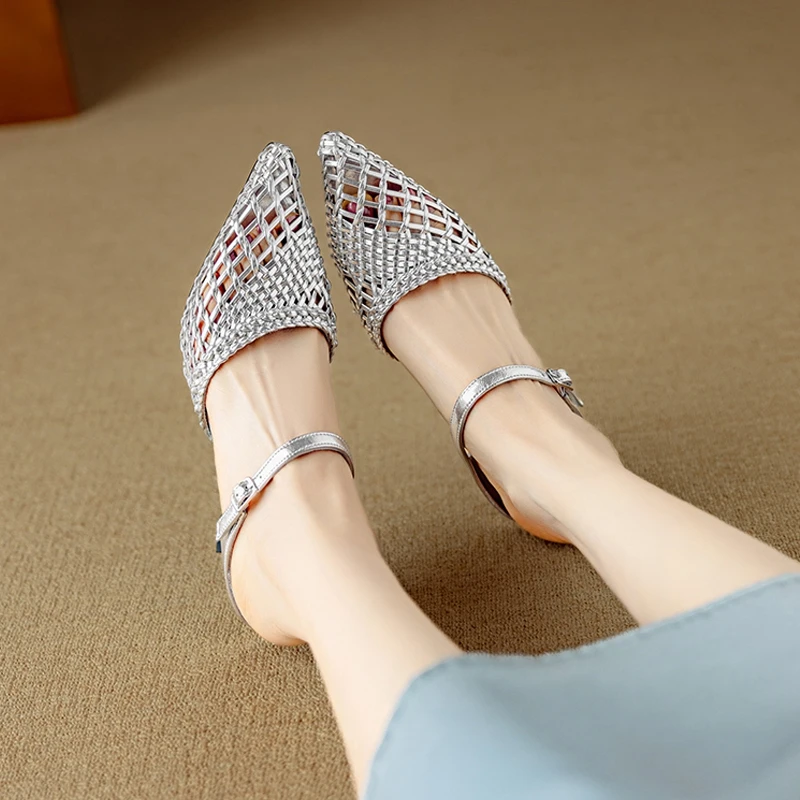 Women's new leather, cowhide, woven fabric, pointed high heels, elastic buckle strap, breathable fashion, M ü ller slippers