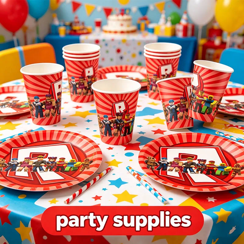 Roblox-Themenbecher, Teller, Kuchenflaggen-Kombination, Einweg-Partyzubehör für Geburtstage, Feiertage, Familientreffen und Feiern