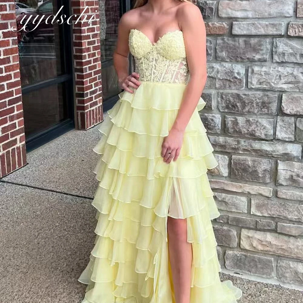 Customized Chiffon Lace Evening Dress 2025 Yellow Sweetheart A-Line Sexy Pleated Tiered Layers High Split Birthday Party Dresses