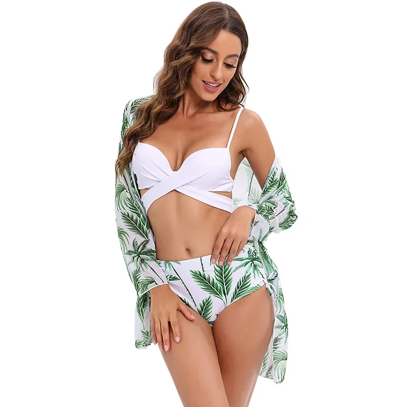 5 Colors Sexy 3-piece Bikini Set Women Push Up High Waist Plant Print Swimwear Swimsuit Bikinis Set Bathing Suit Bikini Cover Up