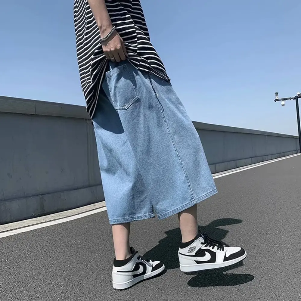 Solid Summer Simple Jeans Shorts Male Calf Length Denim Men Elastic Waist Thin Short Jean Pants Mens Oversized Black/Blue