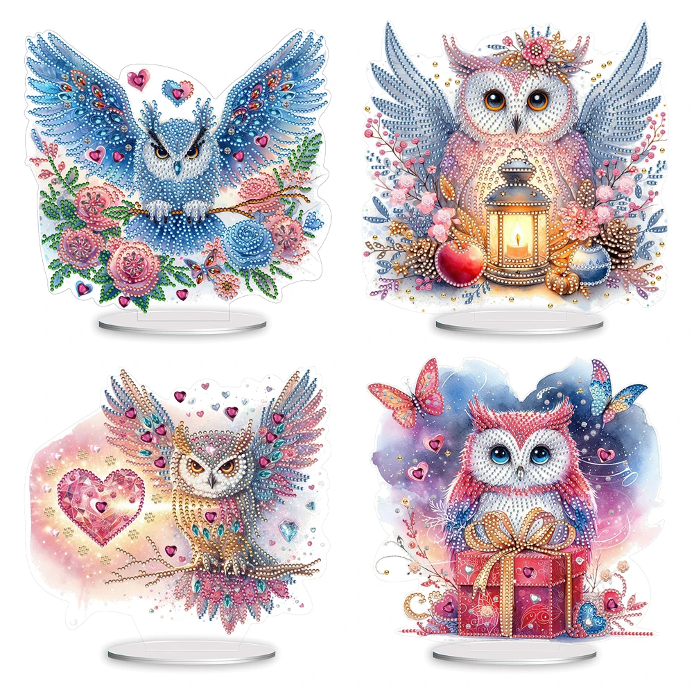 Round+Special Shape Table Top Diamond Painting Ornament Kits Acrylic Desktop Diamond Art Kits Owl for Home Office Desktop Decor