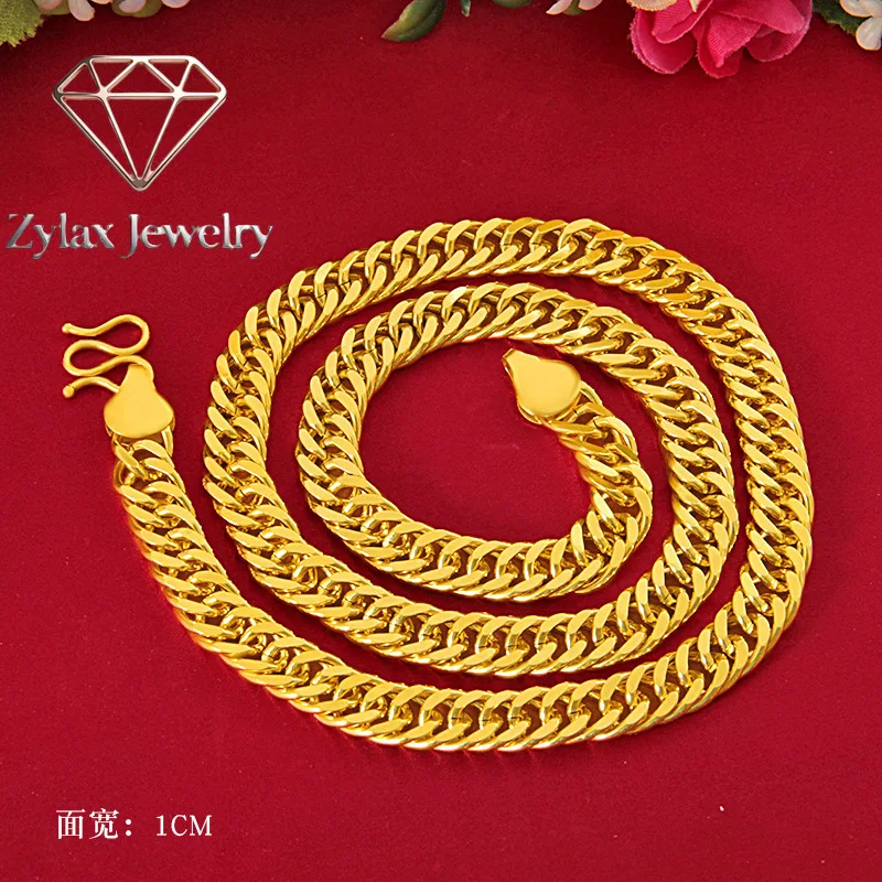Zylax Jewelry Men's 24K AU999 Gold Polished Boss Chain, 10MM 60CM Twisted Sideways Necklace, Bold Unisex Neckpiece