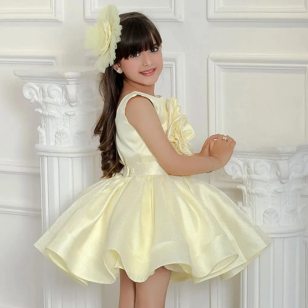 Vestido de menina flor amarelo claro para casamento 3d floral na altura do joelho bebê crianças roupa formal para sessão de fotos vestidos de primeira comunhão
