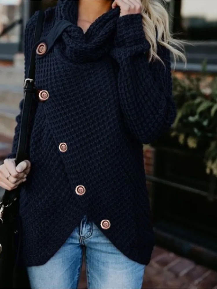 

Autumn And Winter New Turtleneck Long-sleeved Irregular Button Sweater Sweater Women's British Style Loose Casual Cardigan Tops