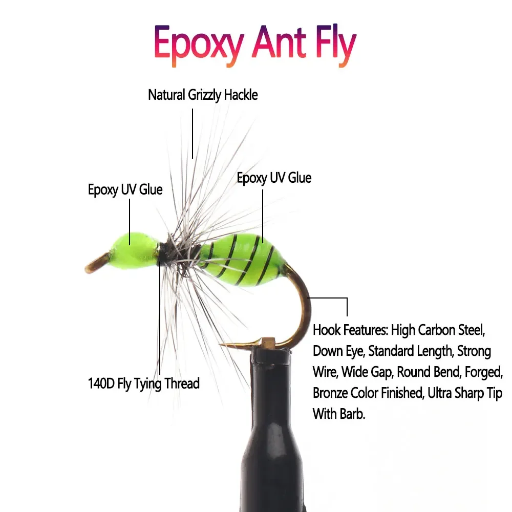 Bimoo 6PCS #10~#16 Grizzly Hackle Epoxy Ant Fly Fluorescent Nymphs Dry Fly Terrestrial Fly For Trout Fishing Lures