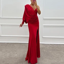 Women Sexy  One Shoulder Sleeve Solid Long Dress Fashion Split Asymmetric Slim Party Dress Elegant V-neck Hollow Evening Dresses