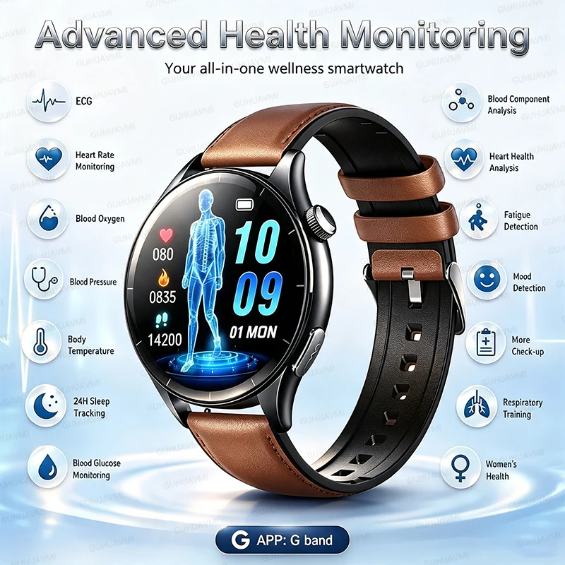 New Smart Watch For Men 1.43 inch Amoeld Screen Physical Examination Blood oxygen Pressure Fat HD Call Health ECG+PPG Smartwatch