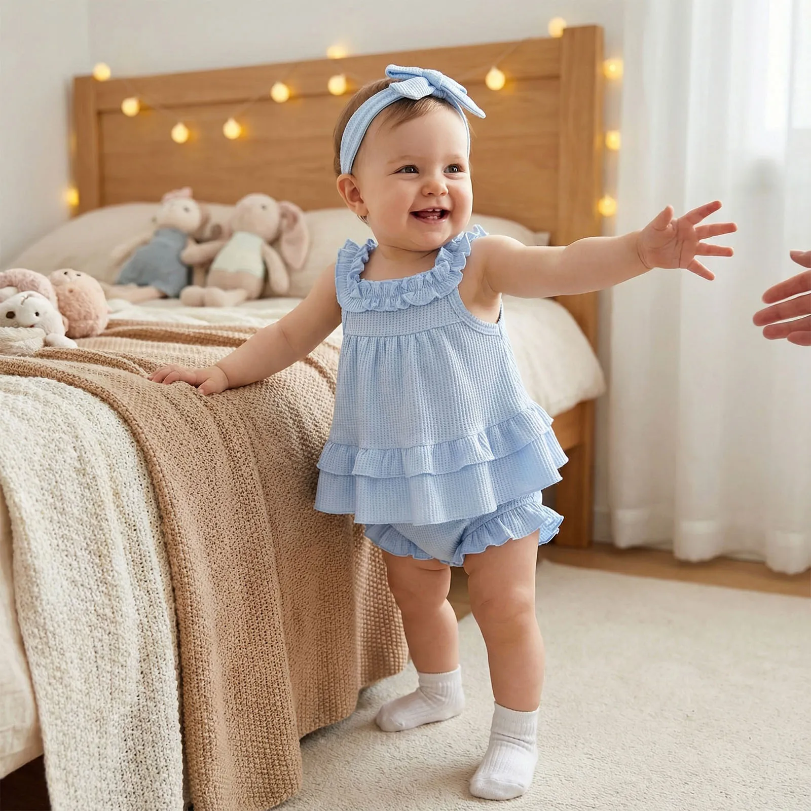 Baby Girl Summer Outfits Solid Color Waffle Sleeveless Tank Tops Elastic Waist Shorts Headband 3Pcs Clothes Set