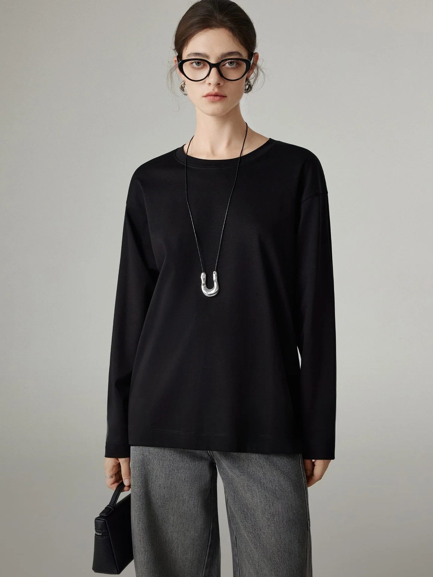 

Yakejia Basic Long Sve T-irt Women's Loose Fit Slimming Base Layer Top Soft Comfortable round Ne Pure Color Autumn Wear