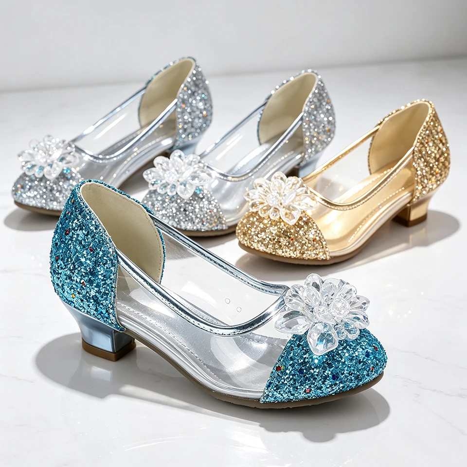 Fantasia Girls Shiny High Heels Snow Queen Princess Dress Crystal Flower Shoes Fancy Kids Elegant Birthday Party Pageant Sandals
