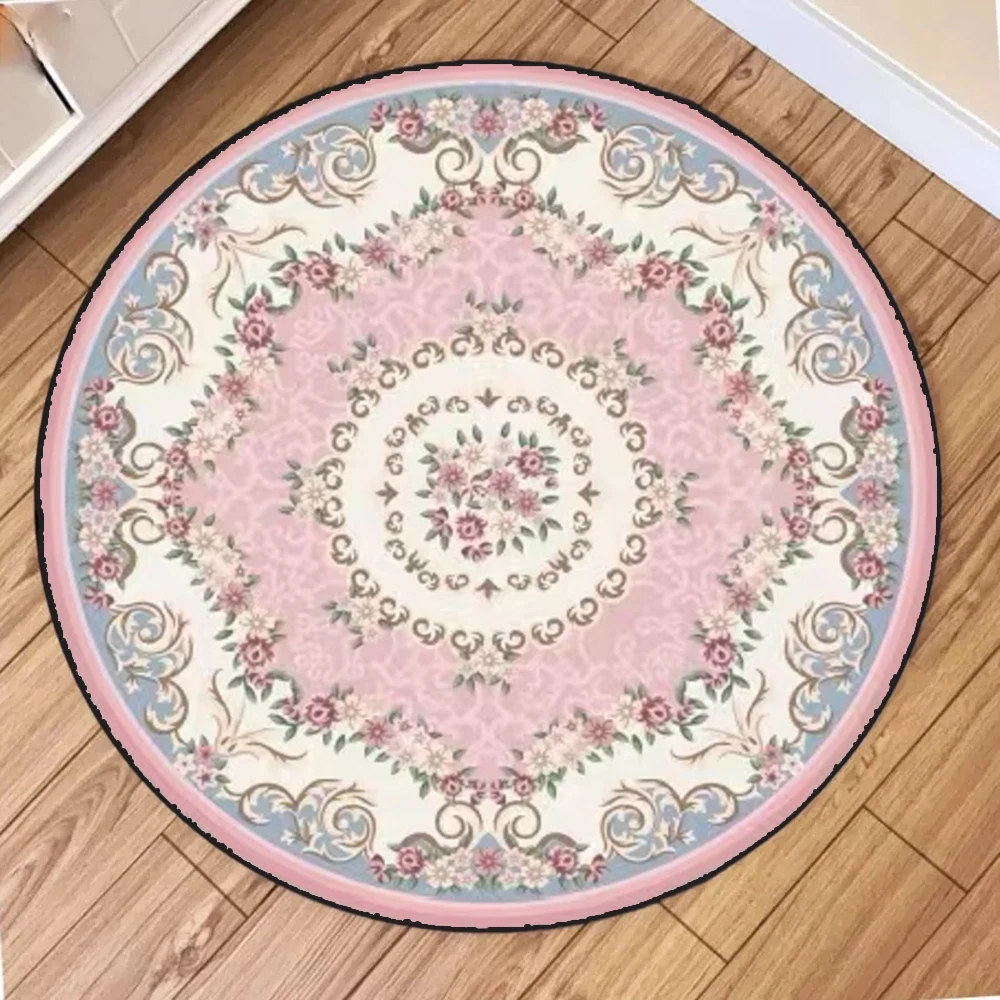 Elegant Round Rug with Vintage Floral Patterns in Pink & Blue – Soft Durable Floor Mat for Living Room & Bedroom