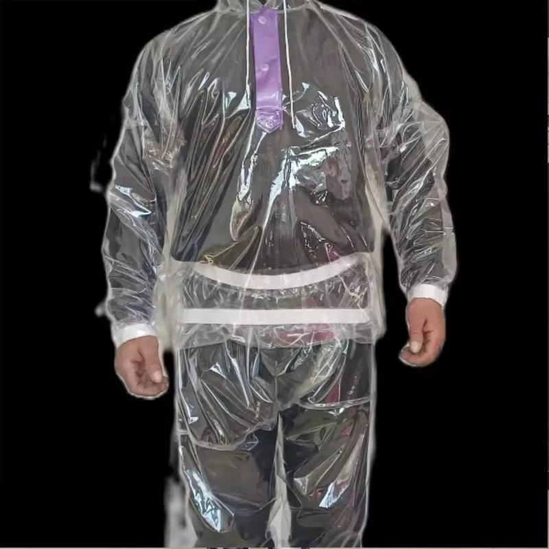 Clear Transparent Long Sleeve Plastic Hooded Waterproof Rainproof Hoodie With Trouser Suit Live Show Dance Costumes Hip Hop
