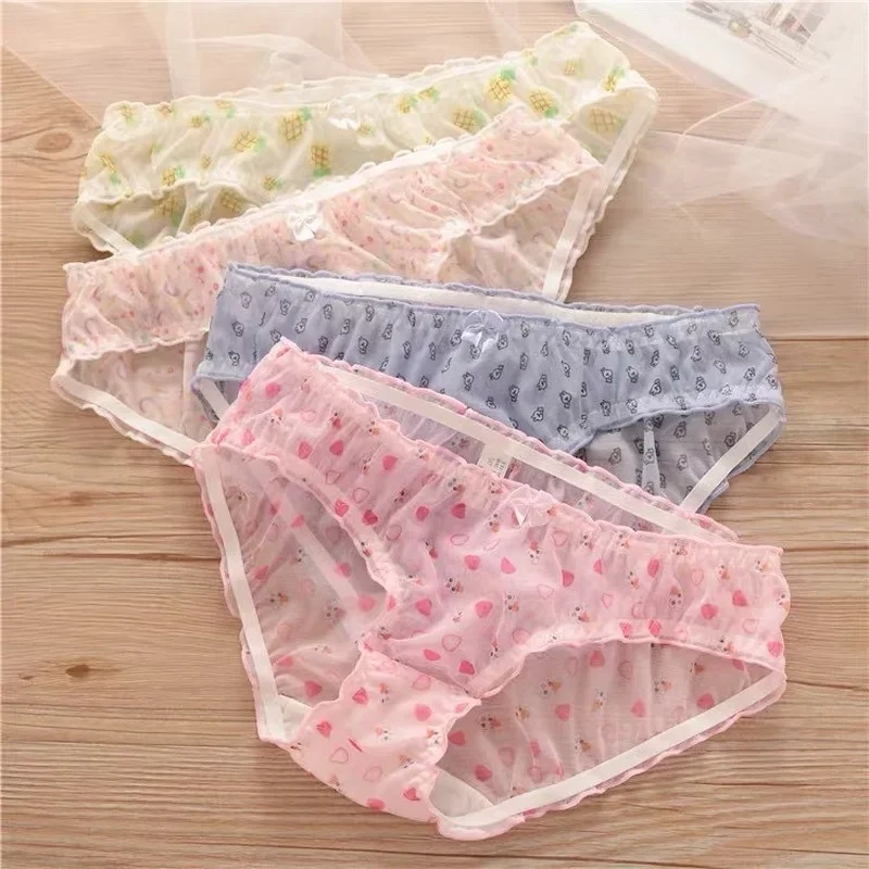 Japanese Underwear Female Girl Sweet Breathable Strawberry Mesh See-through Low-waist Briefs Cartoon Sexy Underwear Women