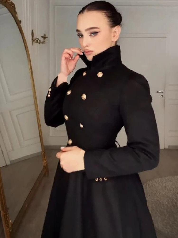 Women Elegant Midi Dress Stand Collar Double Breasted Gold Button Slim Waist Flared Hem Formal Evening Party Dress