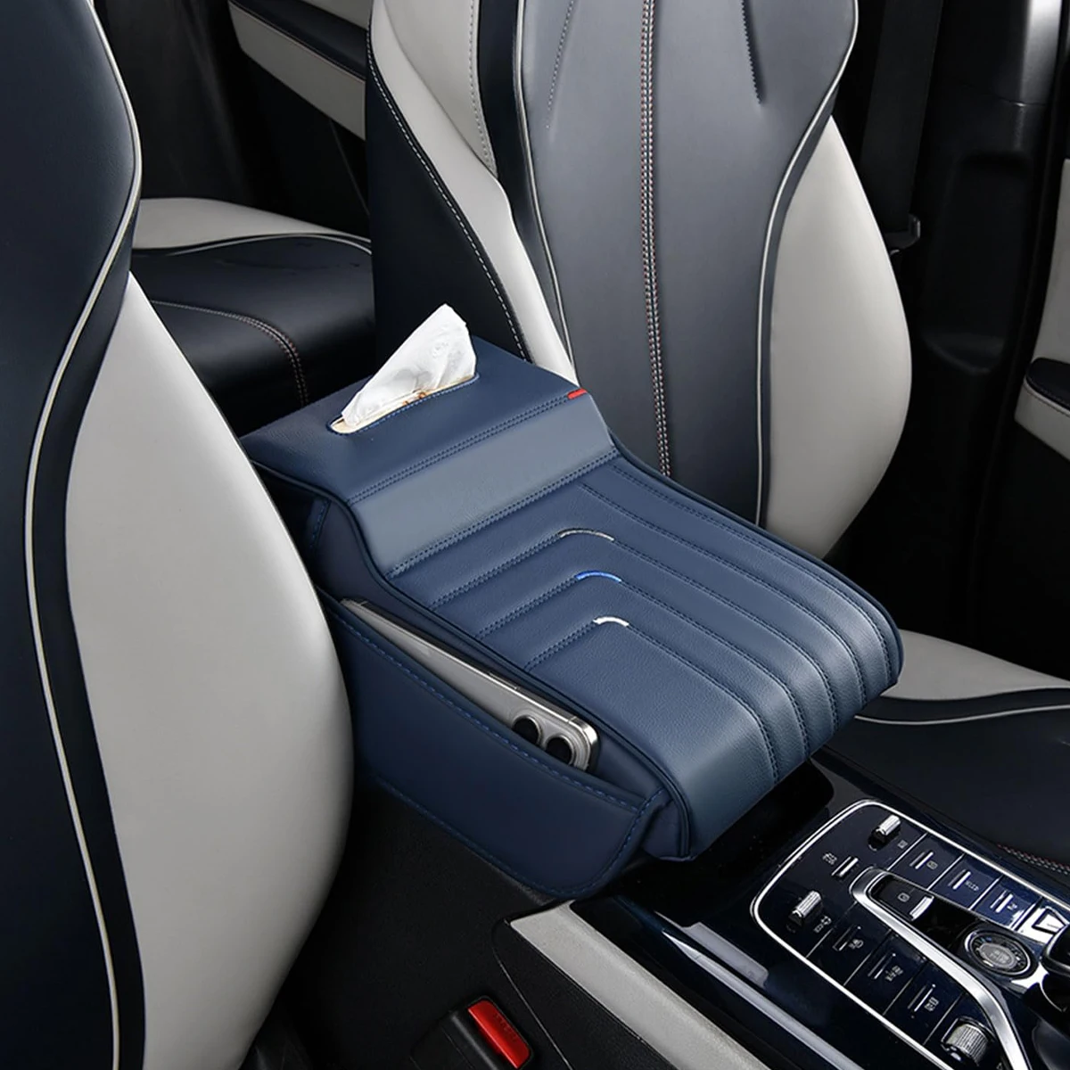 Car Armrest Cushion with Tissue Holder, Height-Adjustable Center Console Pad, Auto Interior Decorative Armrest Cover