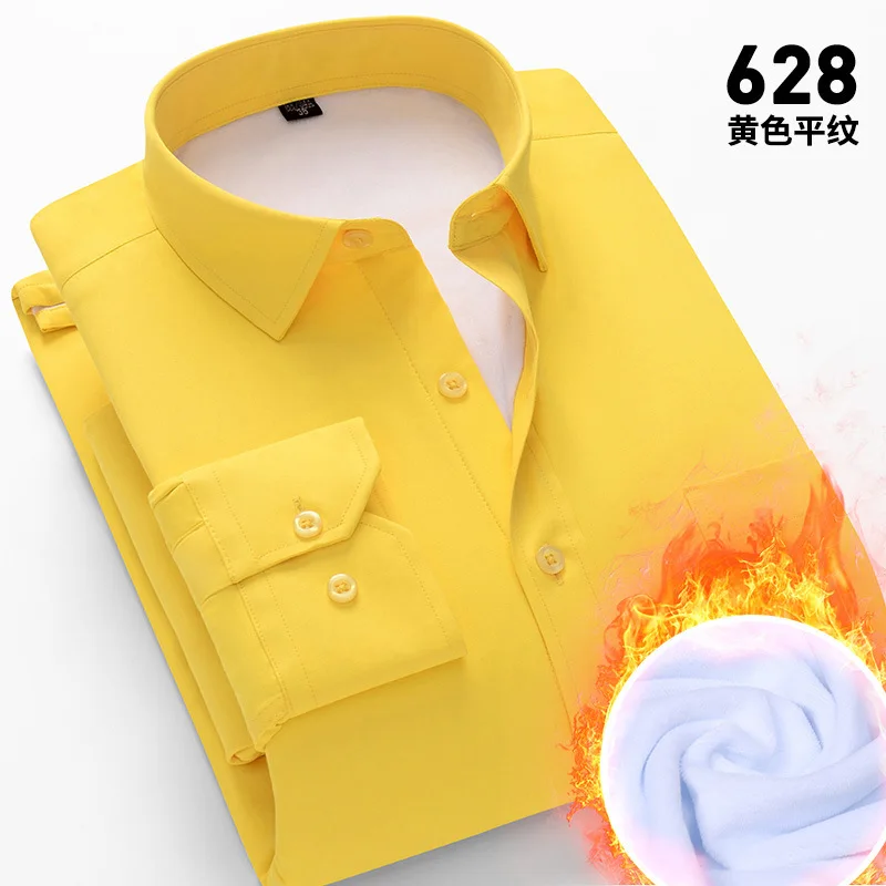 High-Quality Men's Plaid Long-Sleeve Warm Shirt Winter New Style Pure Cotton Thickened Fleece Business Formal Solid Color Shirt