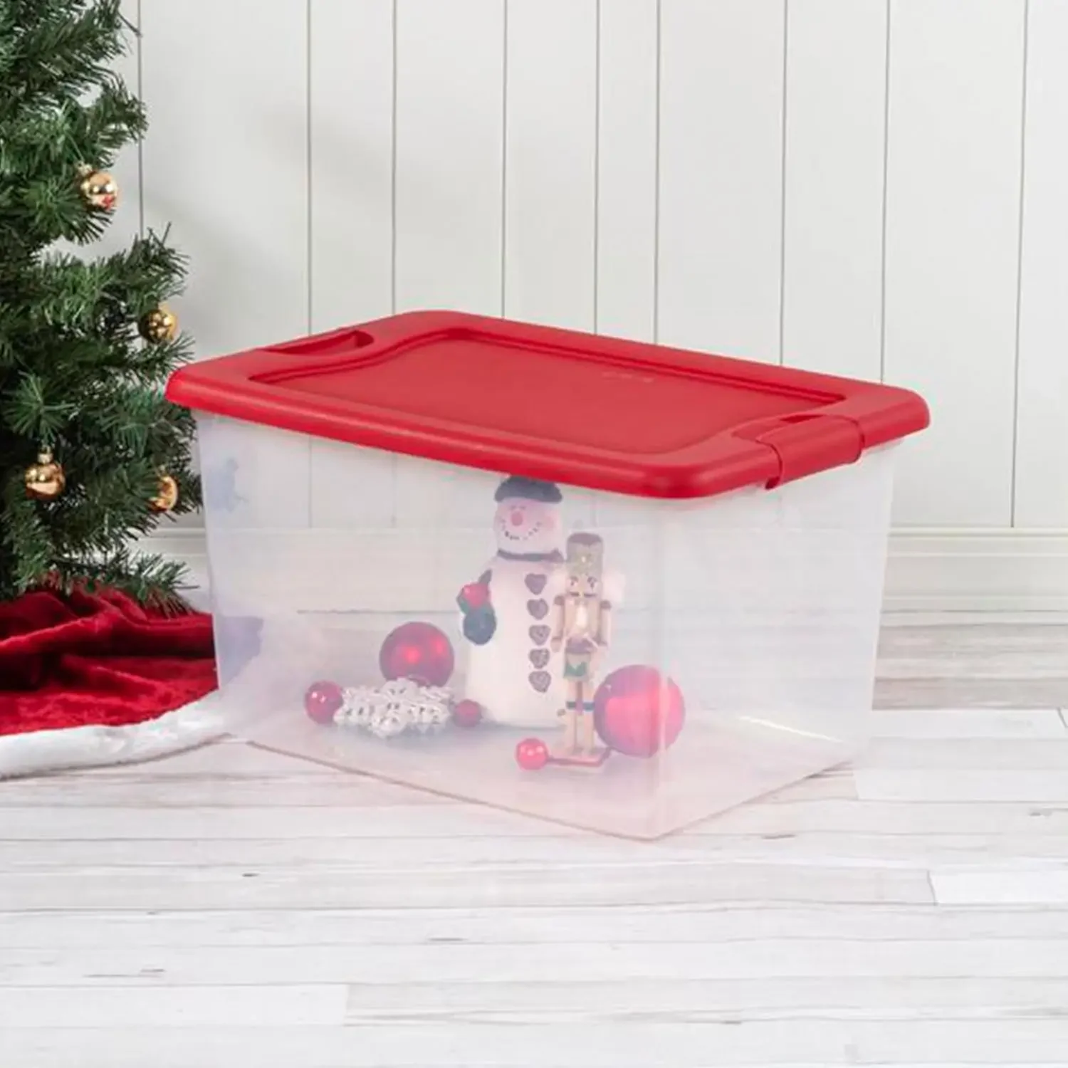 Sterilite 64 Qt Latching Storage Box Stackable Bin with Latch Lid Organize Holiday Decor in Closet Clear Base Red Lid 6-Pack