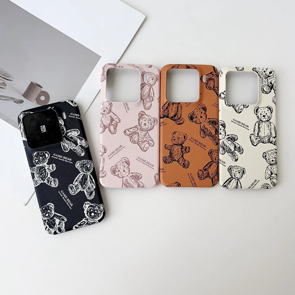 Cross Grain Bear Pattern Leather Phone Case For Xiaomi Mi 15 Pro Top Bottom Empty Hard PC Inner Back Shell