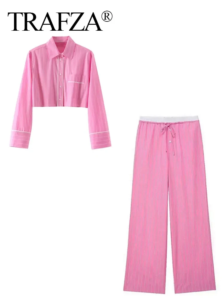 TRAFZA 2024 Female Street Fashion Pink Stripe Pant Suit Long Sleeves Lapel Cropped Blouse+Drawstring Patchwork Wide Leg Pants