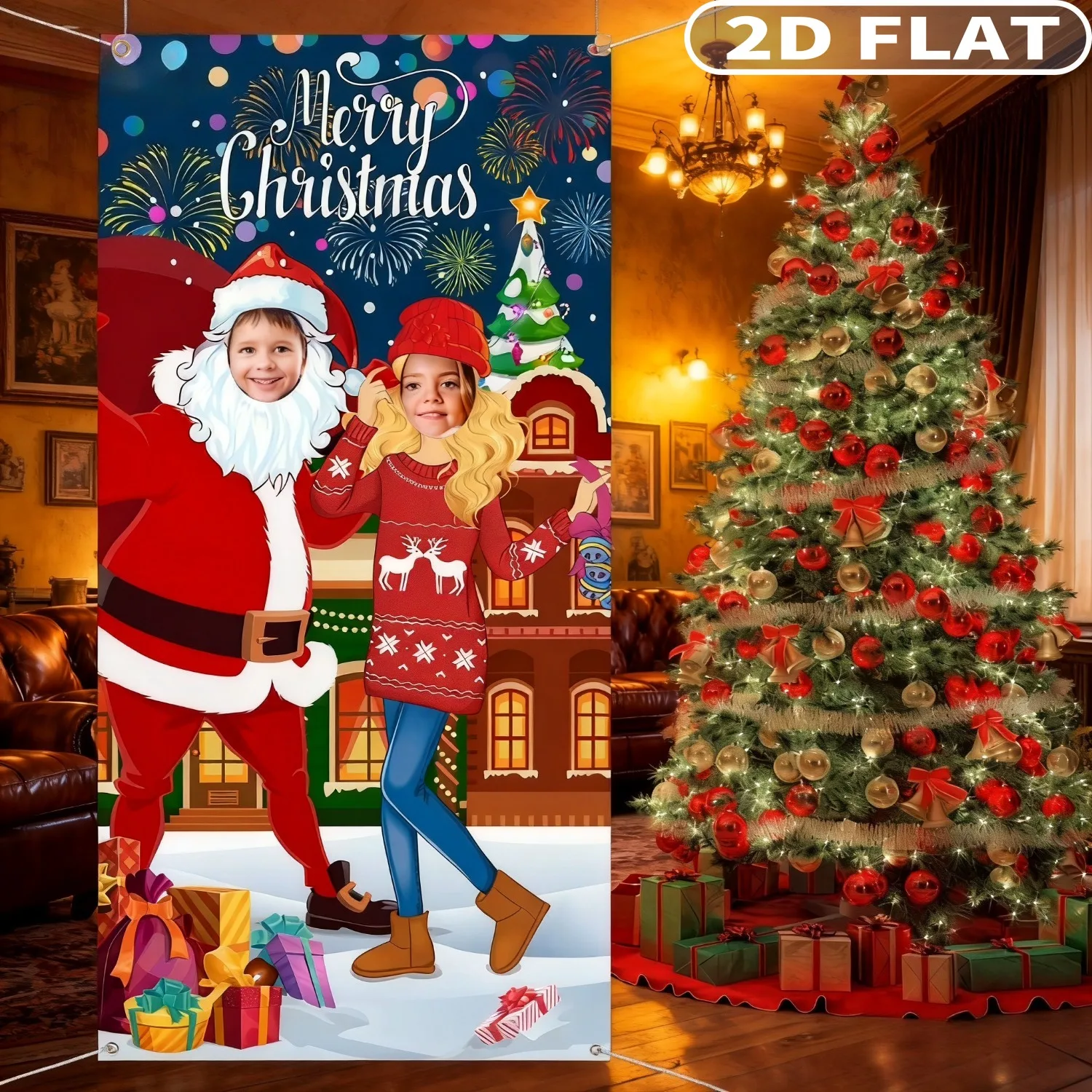 

1pc 2D Flat Christmas Party Banner - Giant Fabric Photo Booth Background, Funny Christmas Games for Holiday Party Game