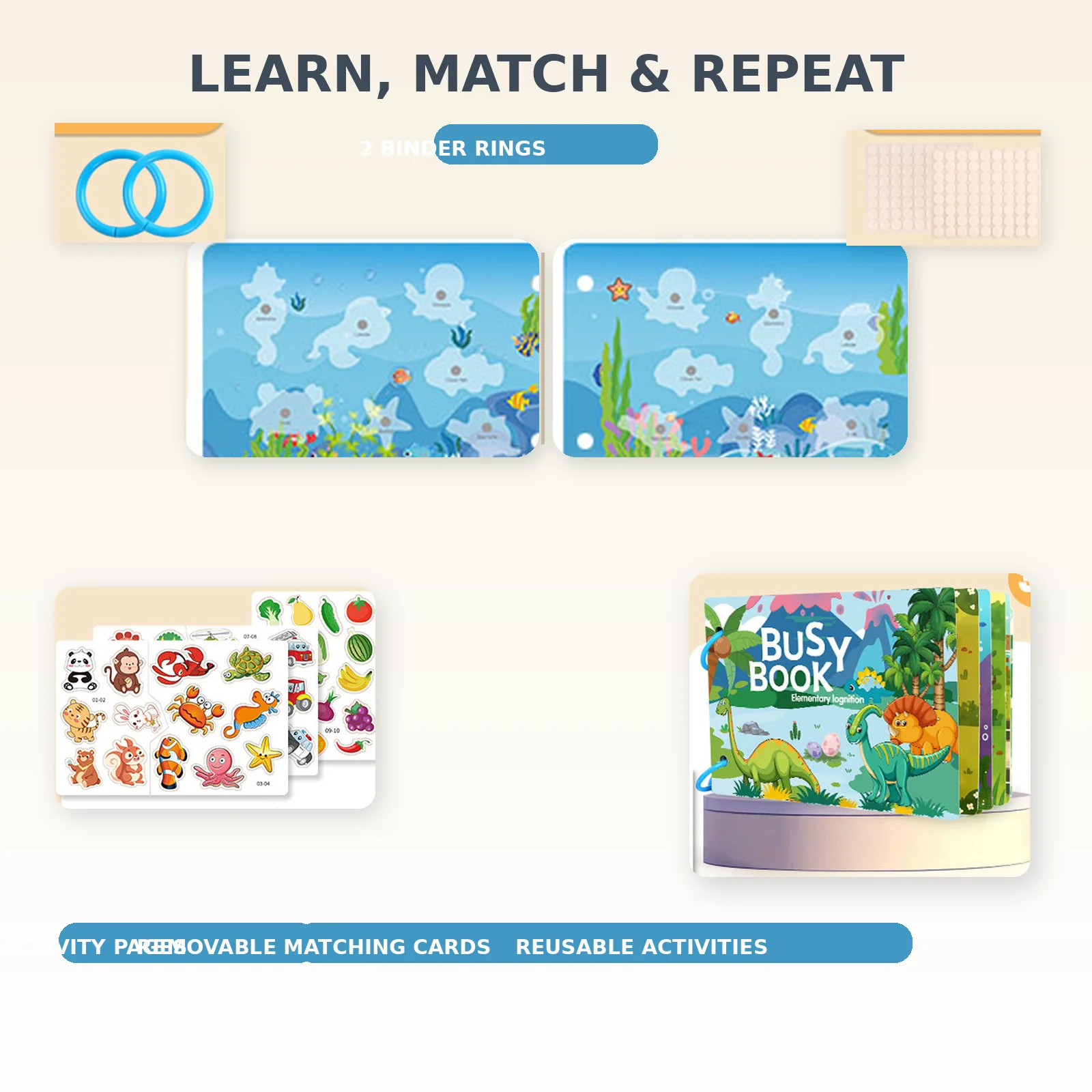 Kids Busy Book Learning Activities, Reusable Matching Sticker Book with 4 Themes for Ages 3+