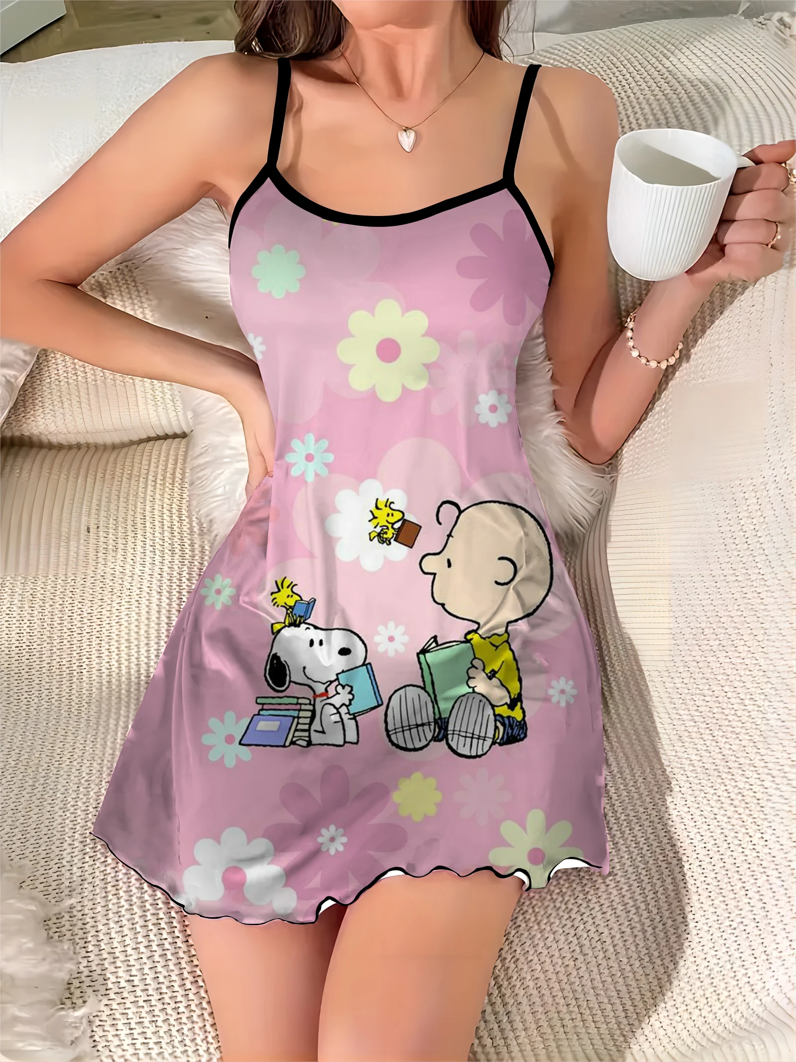 Lettuce Trim Home Dress Elegant Dresses for Women Snoopy Crew Neck Pajama Skirt Satin Surface Fashion Summer 2024 Chic Mini Sexy