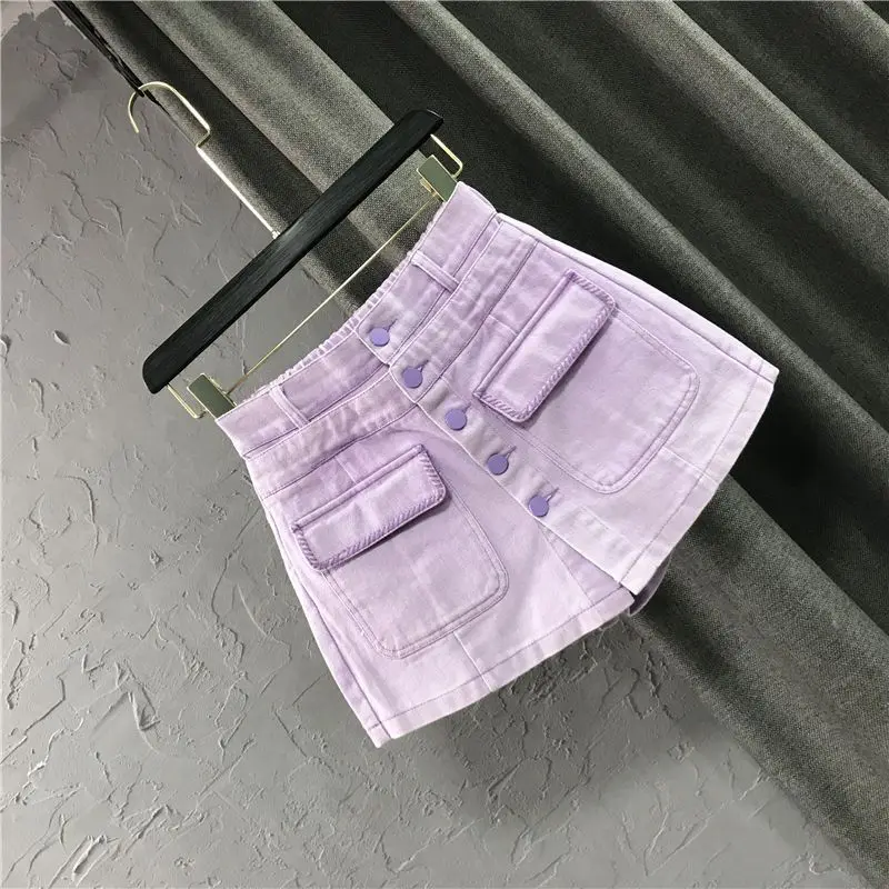 Women's 2024 Summer New Fashion High Waist Korean Spliced Pocket Solid Color Casual Wide Leg Trouser Skirts A-line Denim Shorts