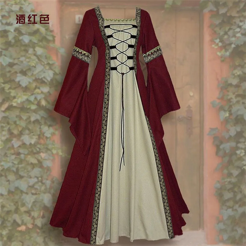 Bell Sleeve Long Sleeve a Line Sexy Dress with Patchwork Maxi Length Retro Square Neck Literary Retro Long Dress for Women - view 5