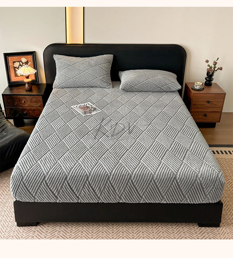 Geometric Jacquard Fleece Fitted Sheet Winter Thickened Warm Mattress Cover Solid Color Soft Plush Sheet for Single Double Bed