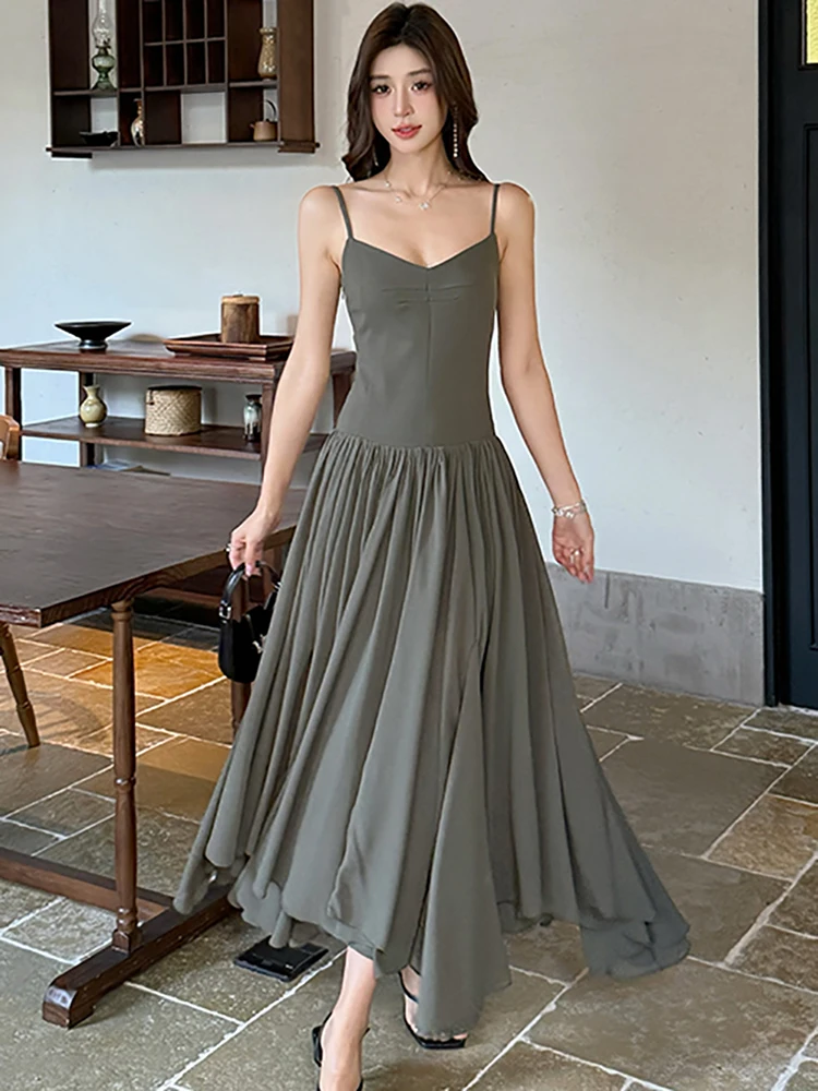 ฤดูร้อนPatchworkจีบA-Lineชุดยาวผู้หญิงสบายๆชุดสลิง 2025 เกาหลีVINTAGE Bodycon Luxury Nightชุด