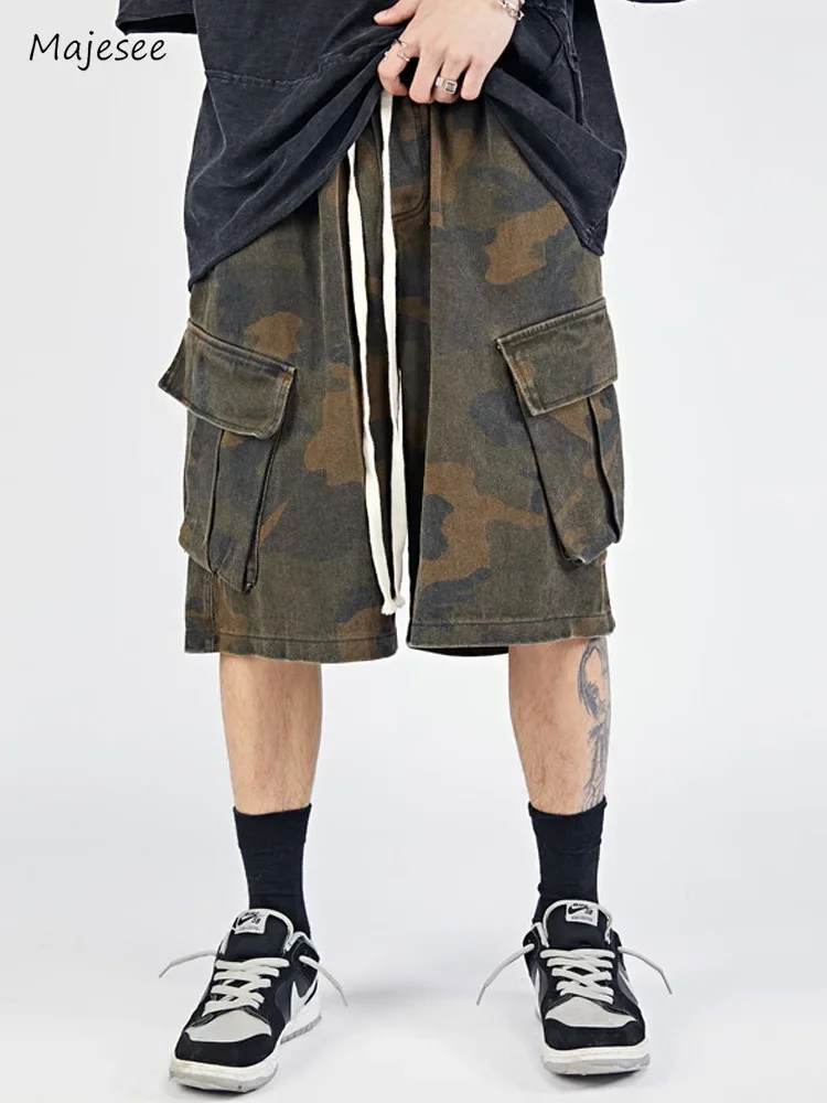 Cargo Shorts Men Casual Loose Daily Summer Drawstring Camouflage Large Pocket Knee-length Japanese Style Fashion All-match Chic