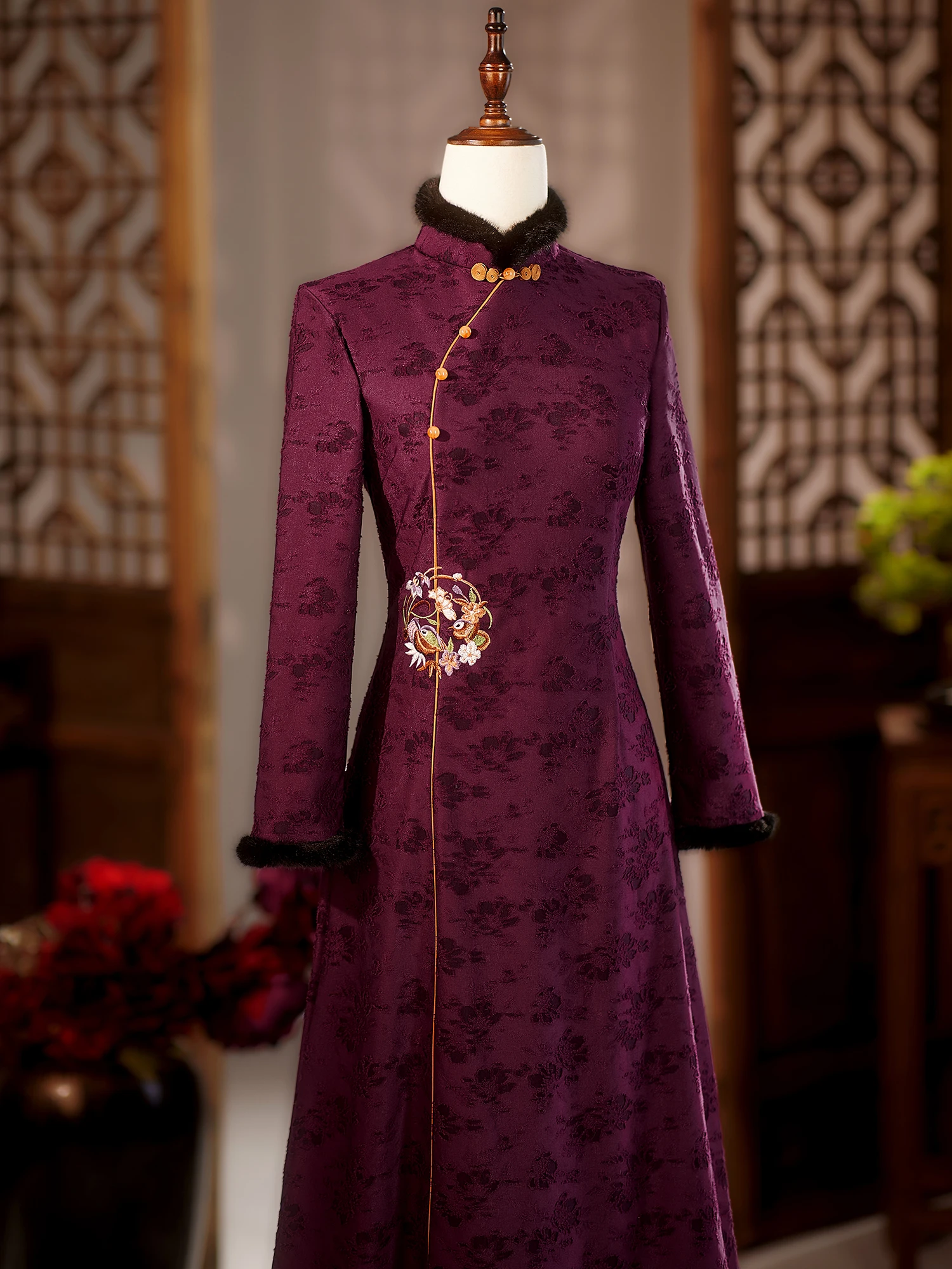 

Purple Velvet Thiened Fro Coat Wedding Dr Women's Autumn Winter Warm Long Sve Maxi Dr for Mother of the Bride
