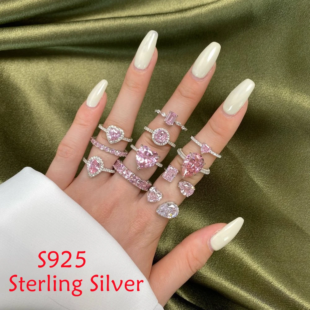 

Summer New S925 Sterling Silver Couple Ring Female Luxurious Heart Shaped Water Droplet Pink Crystals Fashion Accessories Gift